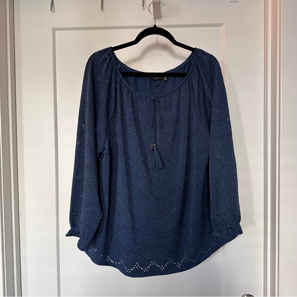 Rafaella Navy Drawstring Neck Eyelet Top